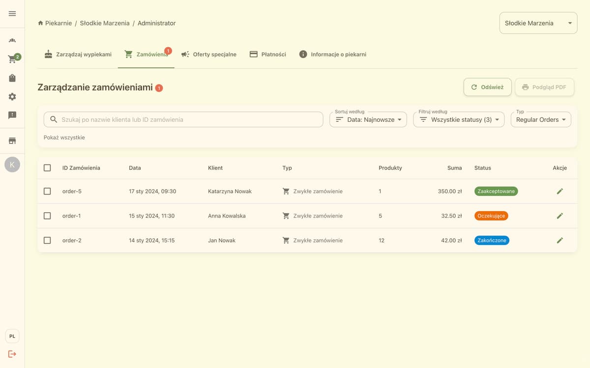Order management interface preview